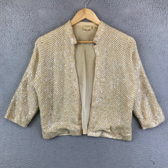 Vintage 60s Cyn Les Beaded  Wool  Cardigan Sweater Small - Picture 1 of 11